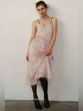 En Saison Blush Pink Fringe Midi Slip Dress faux feathers